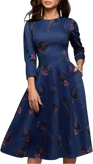Women's Floral Vintage Dress Elegant Midi Evening Dress 3/4 Sleeves