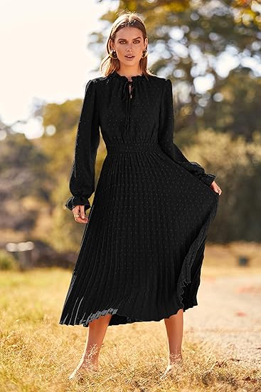 Women's 2026 Spring Fall Midi Dress Casual Long Sleeve V Neck Swiss Dot Pleated A Line Flowy Dresses